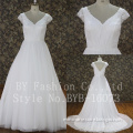 White lace appliqued cap sleeves High Waist zipper sweep train ball gown wedding dress